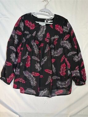Sag Harbor Black Blouse with Pink and Purple Feather Motif